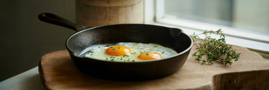 Seasoned cast iron pan with eggs near a window