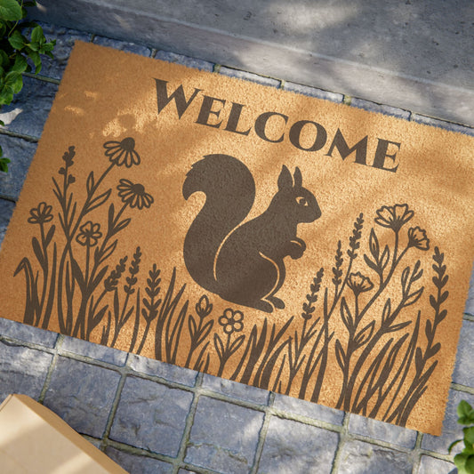 Squirrel and Prairie Flowers Personalized  Coir Doormat