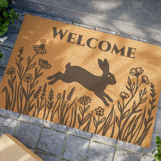 Rabbit and Prairie Flowers Personalized Coir Doormat