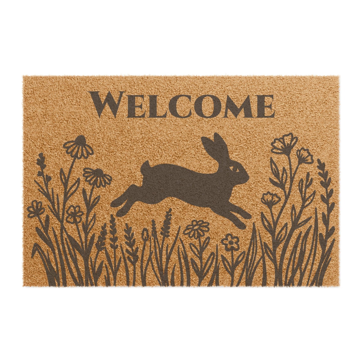 Rabbit and Prairie Flowers Personalized Coir Doormat