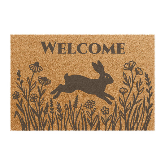 Rabbit and Prairie Flowers Personalized Coir Doormat