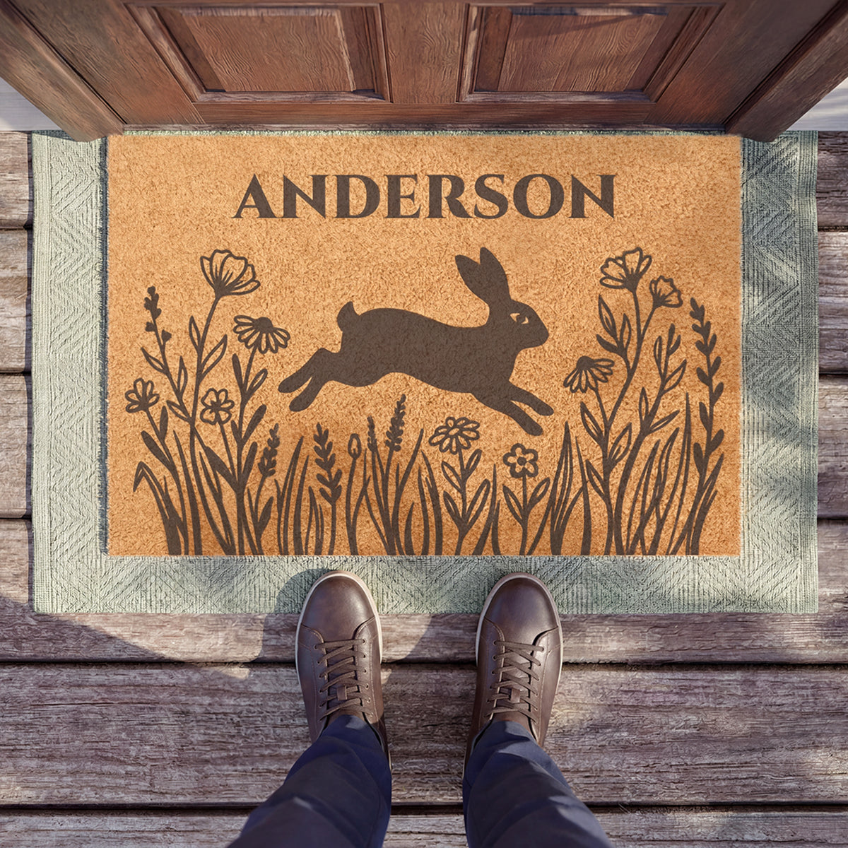 Rabbit and Prairie Flowers Personalized Coir Doormat