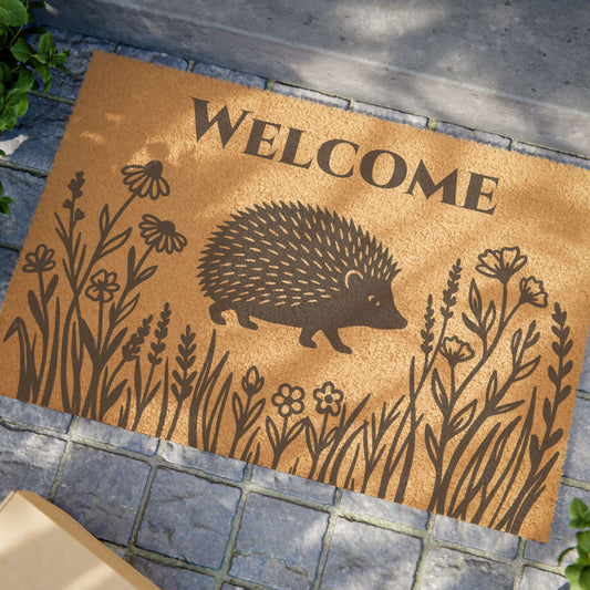 Hedgehog and Prairie Flowers Personalized Coir Doormat