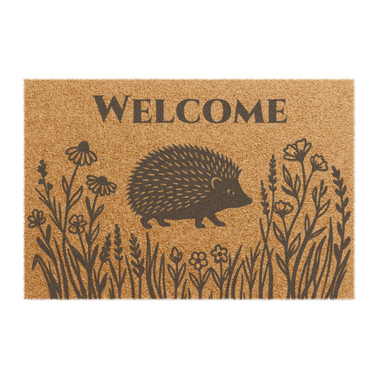 Hedgehog and Prairie Flowers Personalized Coir Doormat