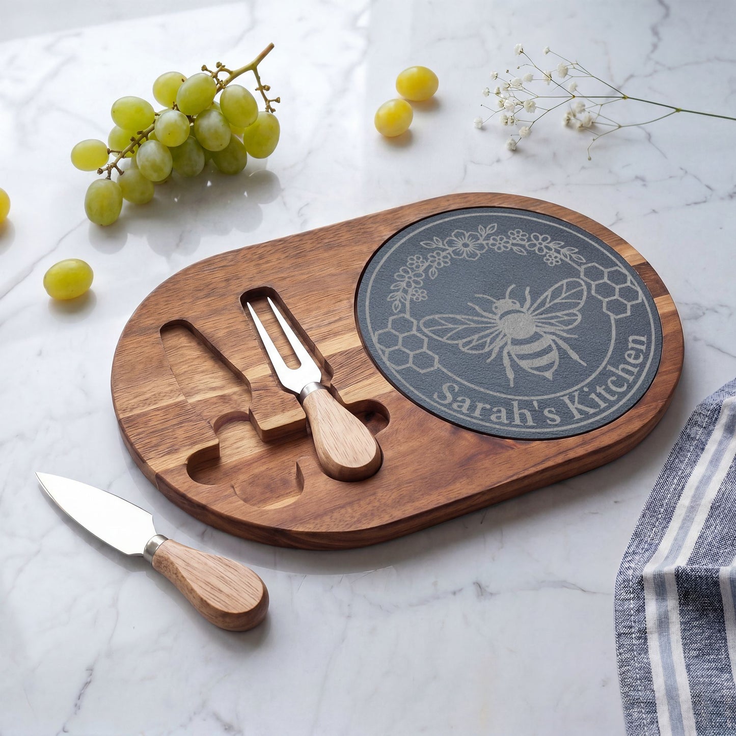 Bee & Flowers Personalized Slate Charcuterie Board