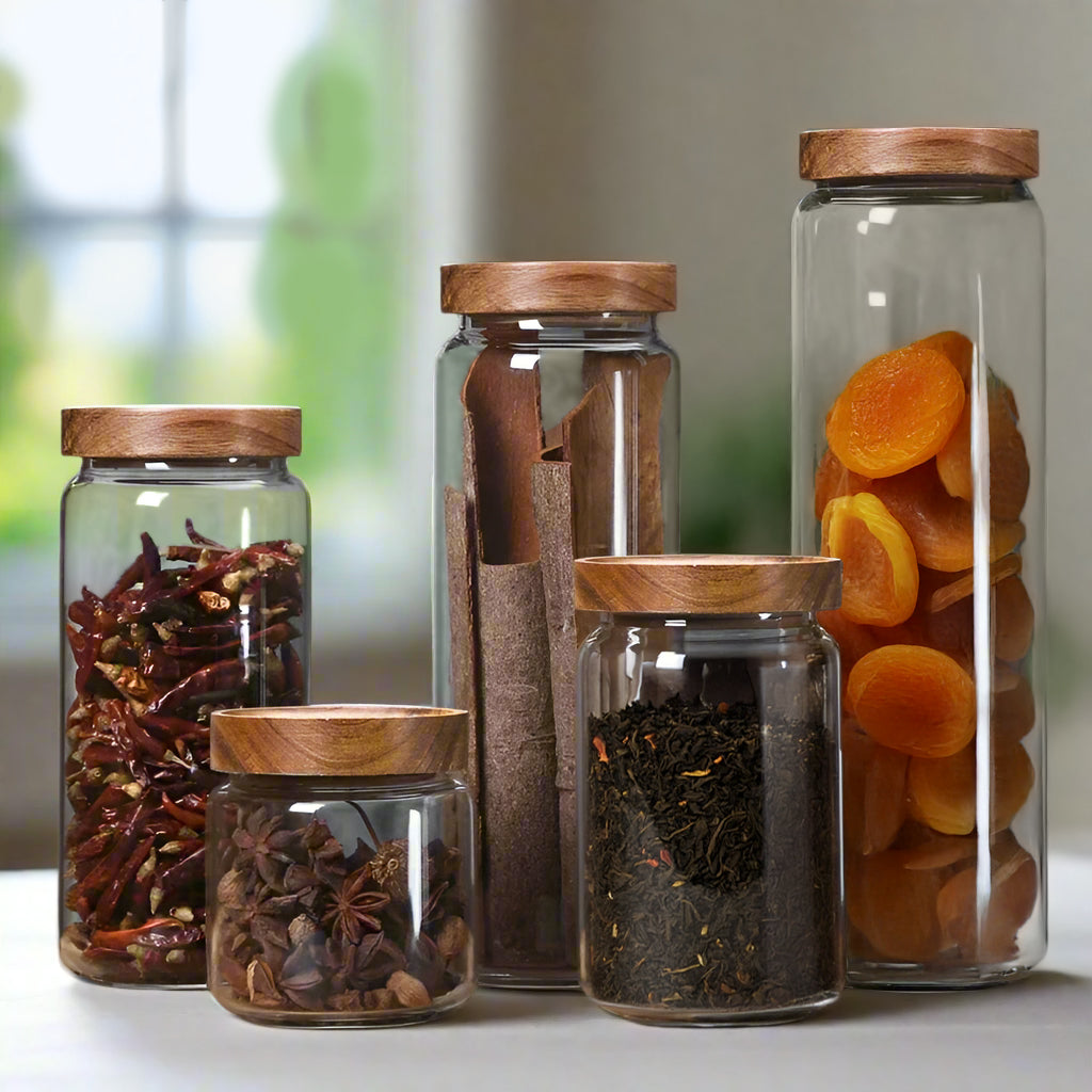 Glass Kitchen Storage Jars with Wood Lids