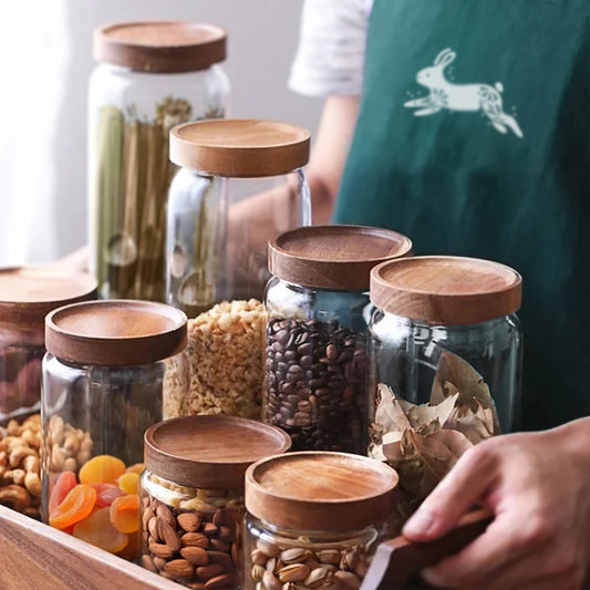 Glass Kitchen Storage Jars with Wood Lids