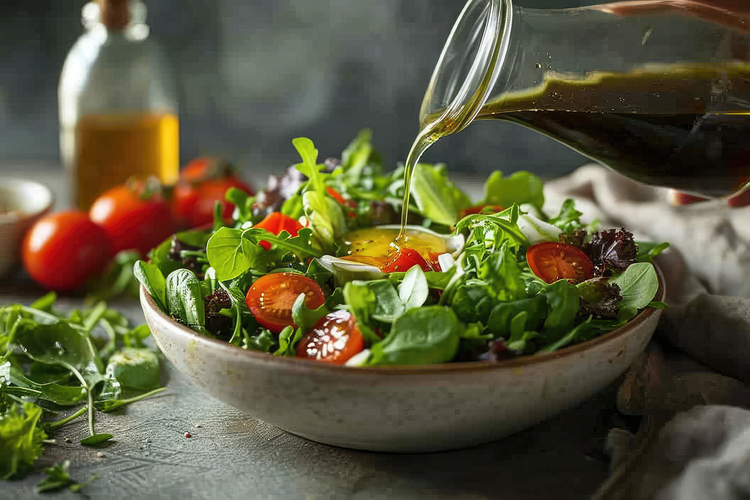 Homemade dressing drizzled over a fresh spinach salad.